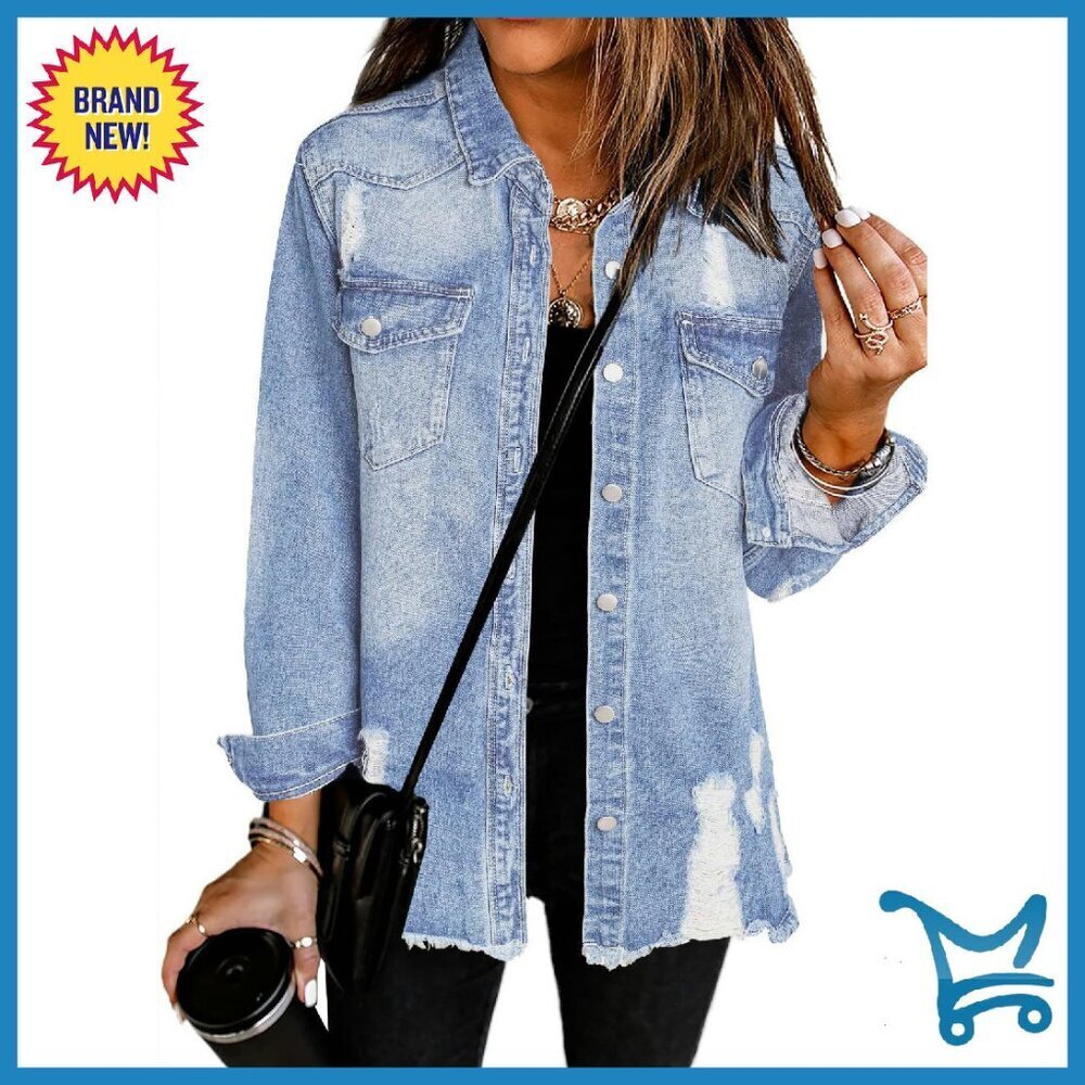 Oversized Denim Jacket Distressed Long Sleeve Button Closure Casual